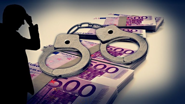 Silhouette of overwhelmed man next to stacks of euros and a pair of handcuffs