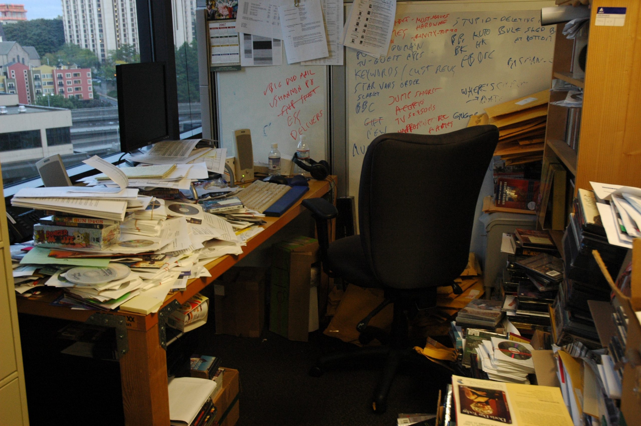 Cluttered office space