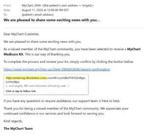 Email screenshot announcing a mychart medicare kit with a confirmation link and a tracking code