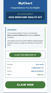 Mychart promo screen eligible for the 2026 medicare health kit showing recipient info status approved and two green ctas'Claim Your Medicare Kit' and 'Claim Now'