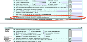 Frame shows a portion of form 1040 where line 11a says 'subtract line 10 from line 9 This is your adjusted gross income' agi