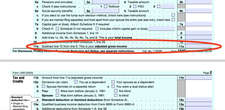 Frame shows a portion of form 1040 where line 11a says 'subtract line 10 from line 9 This is your adjusted gross income' agi