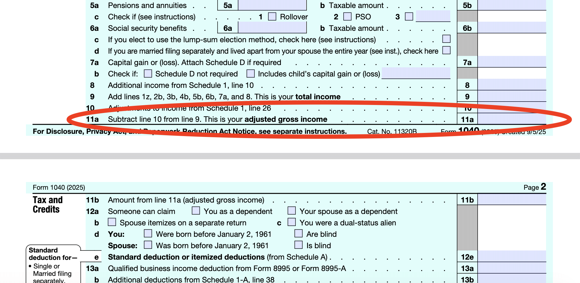 Frame shows a portion of form 1040 where line 11a says 'subtract line 10 from line 9 This is your adjusted gross income' agi