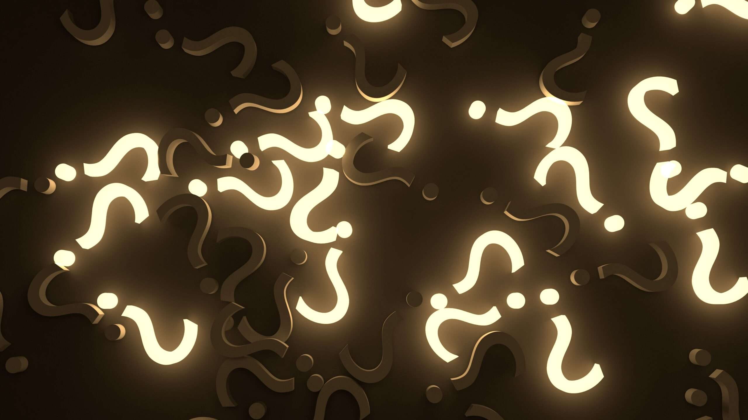 Decorative abstract wallpaper with glowing cream question mark shapes on a dark background