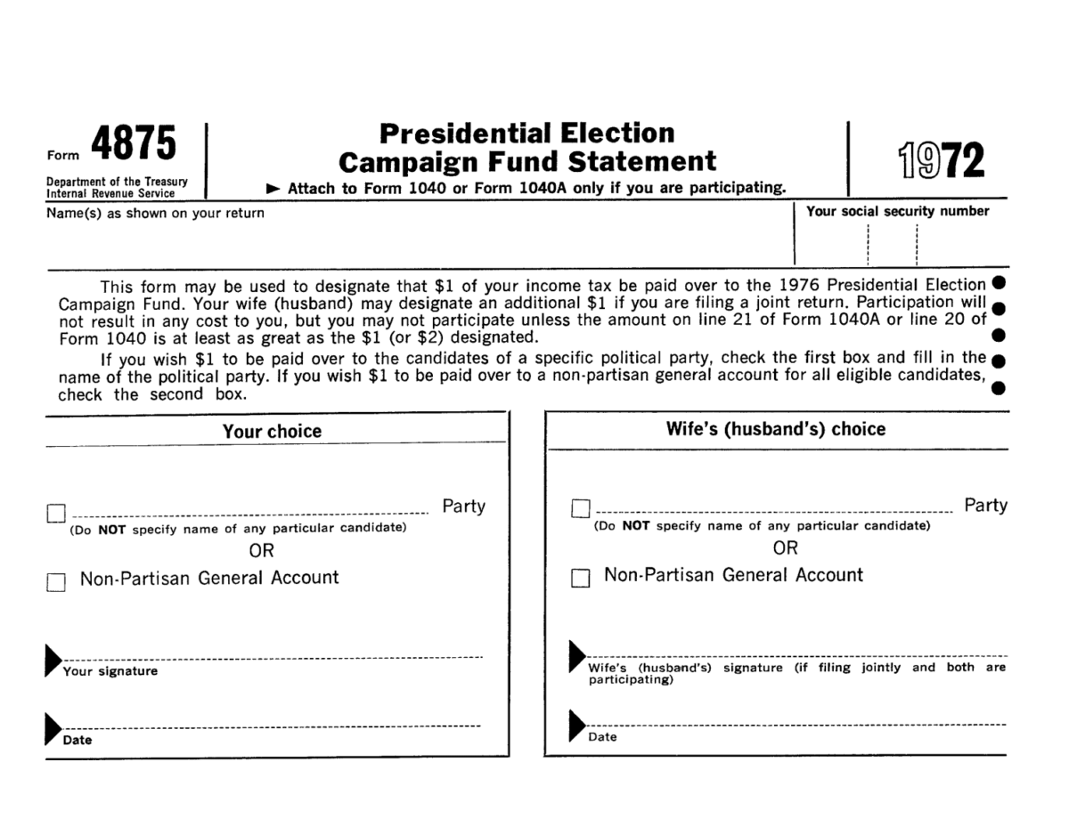 Whats that presidential election campaign fund checkbox on your tax return | taxgirl Form 4875 from 1972