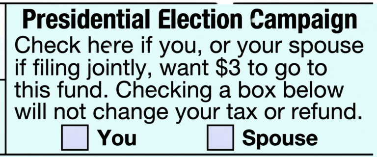 Informational sign about the presidential election campaign asks if you or your spouse want $3 directed to the fund includes you and spouse checkboxes